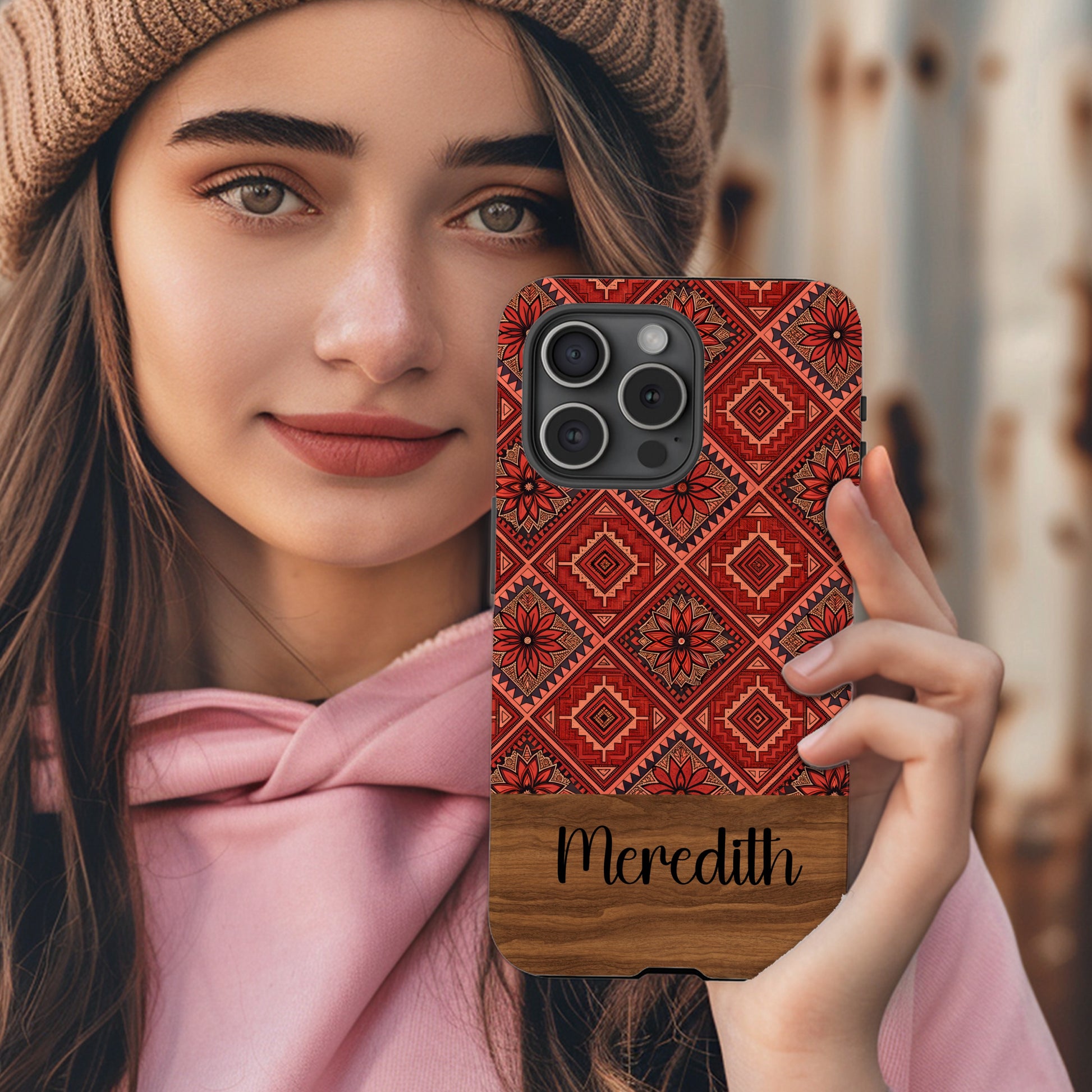 Floral Tiles in Orange Aztec Patterns With Custom Name Custom Phone Case - Walk Greener