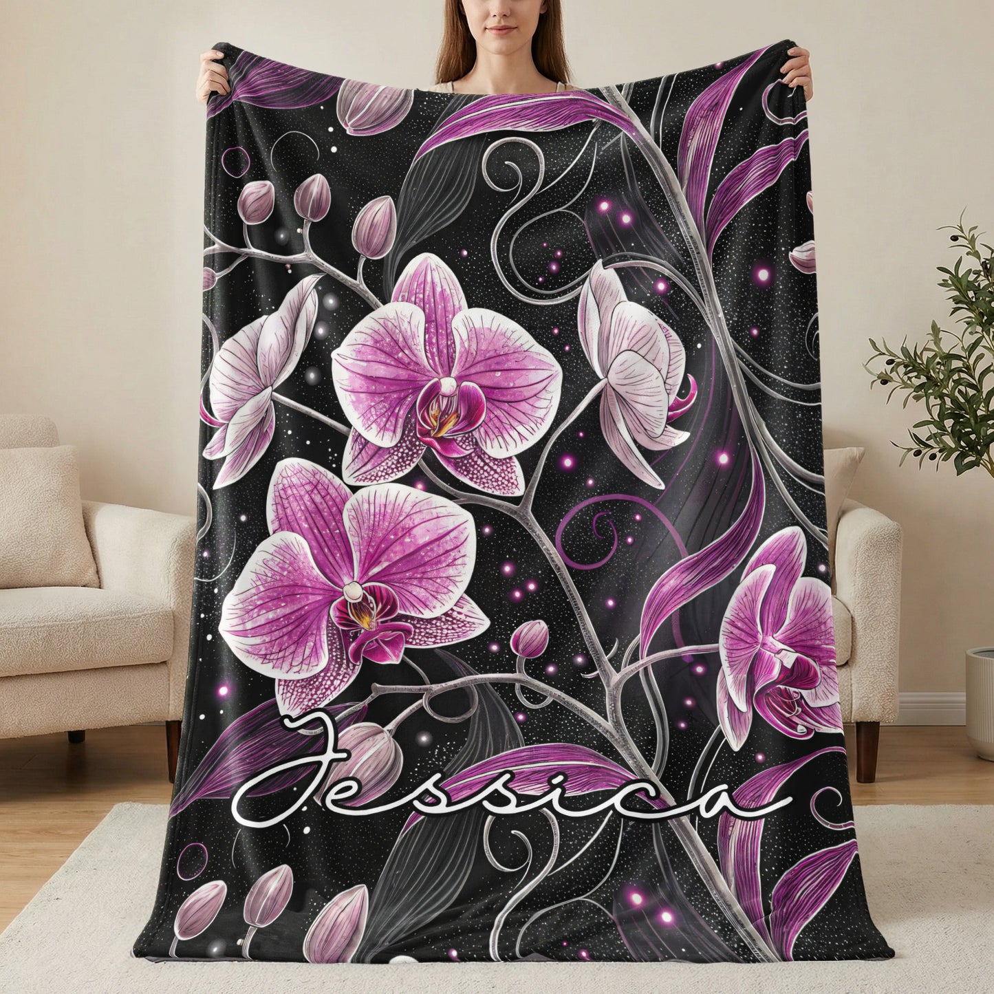 Personalized Floral Orchid Design Jessica Blanket