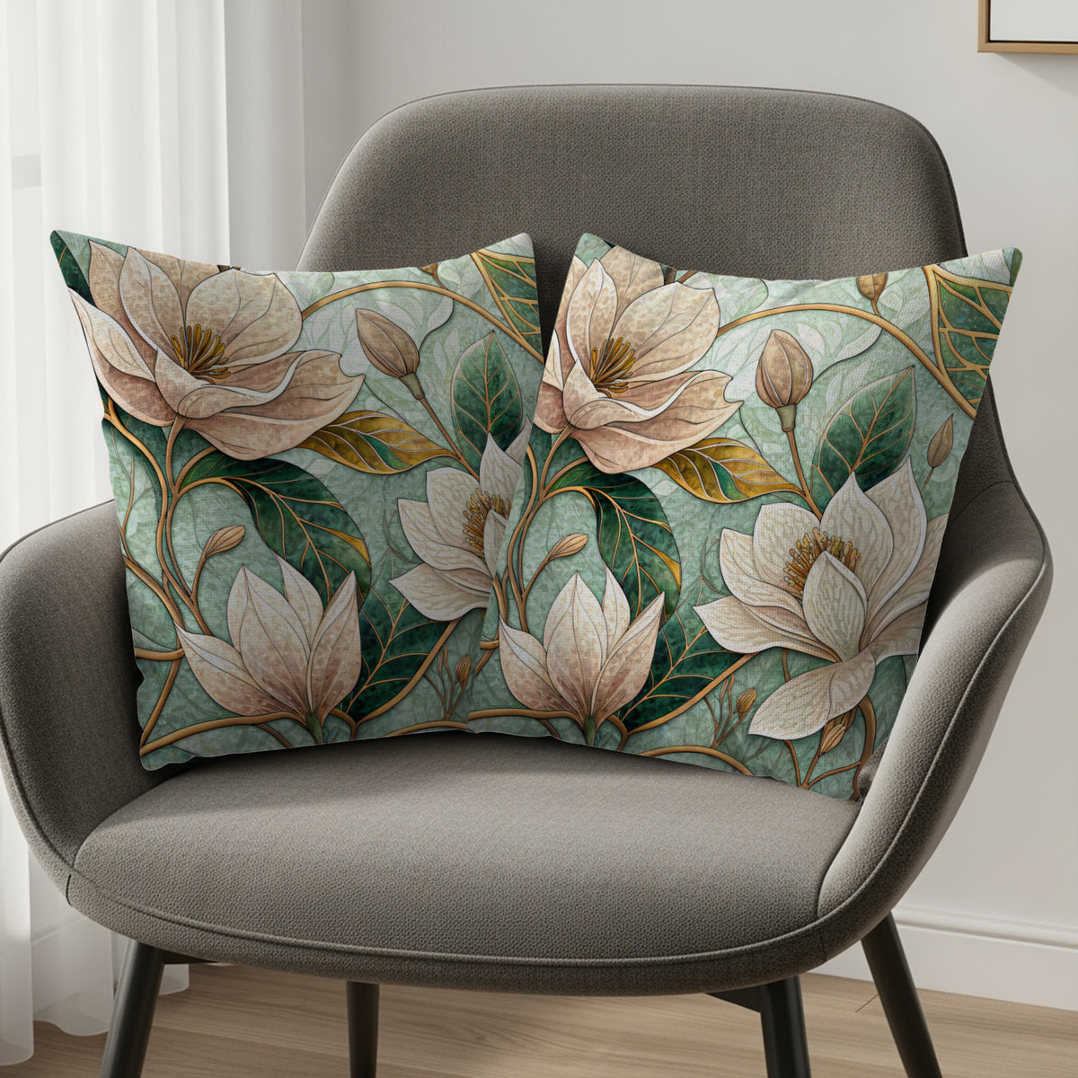 Beautiful Magnolia Flowers Green Leaves Artistic Style Throw Pillows - Walk Greener