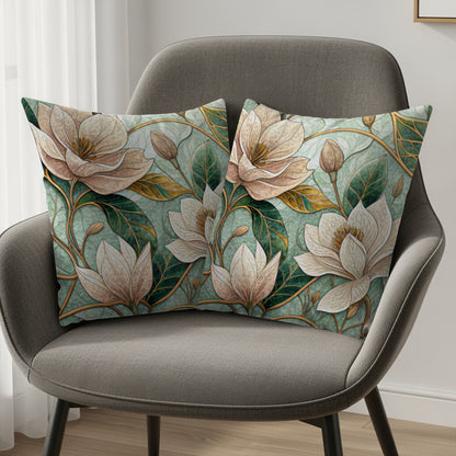 Beautiful Magnolia Flowers Green Leaves Artistic Style Throw Pillows - Walk Greener