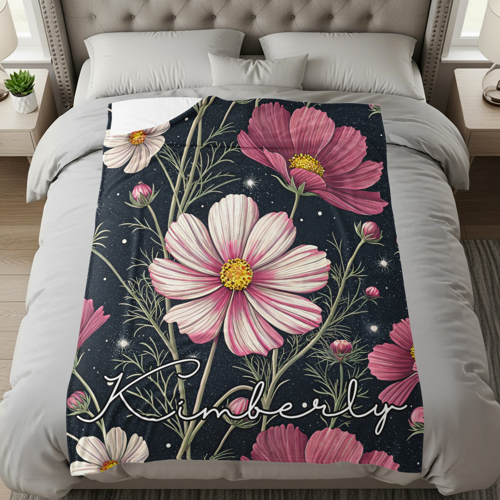 Cosmos Flowers With Custom Name On Dark Backdrop Custom Blanket - Walk Greener