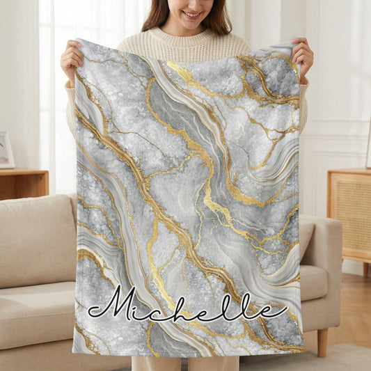 Personalized Gray and Gold Marble Design Blanket