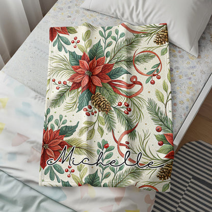 Personalized Floral Christmas Blanket with Name Michelle