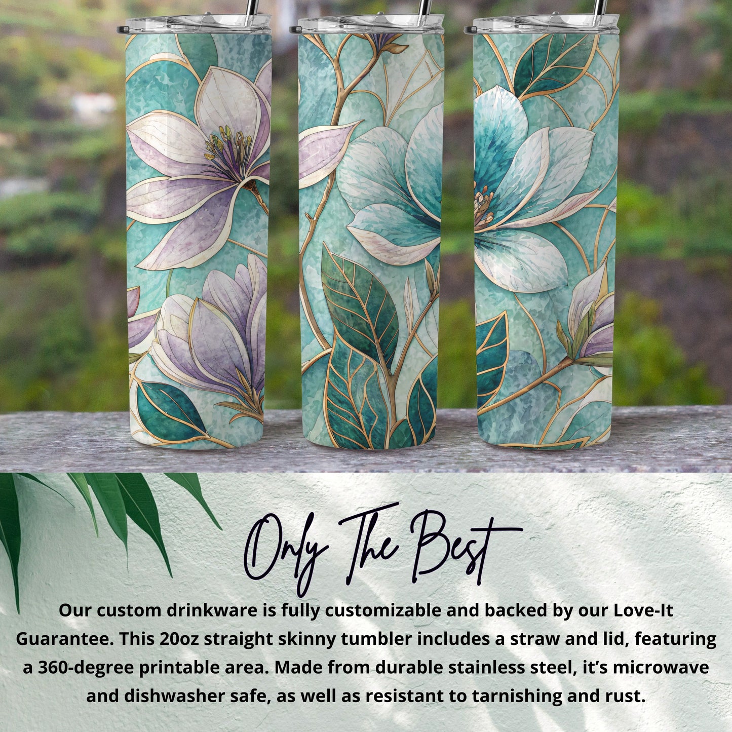Magnolia Floral Watercolor Teal Background 20 oz Skinny Tumbler - Walk Greener