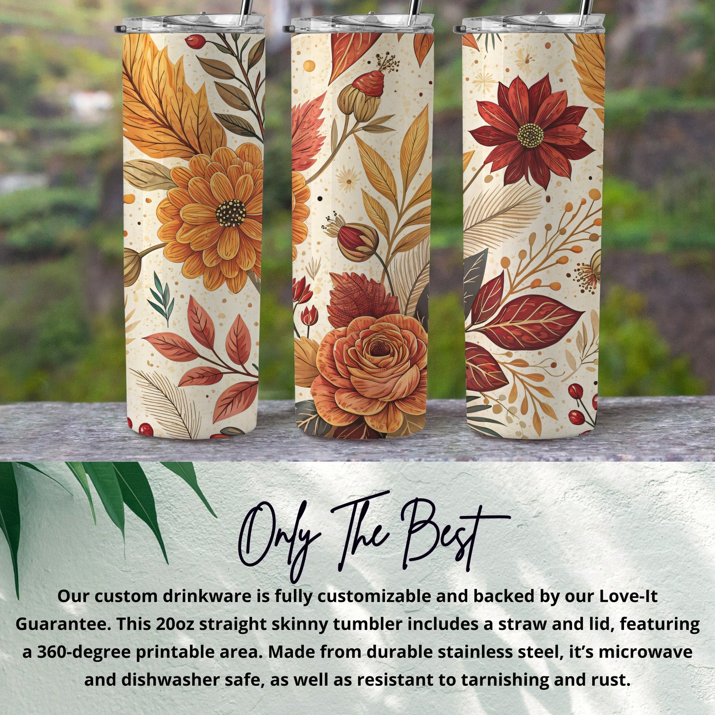 Autumn Floral Design Skinny Tumbler with Straw and Lid
