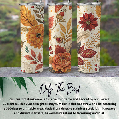 Autumn Floral Design Skinny Tumbler with Straw and Lid