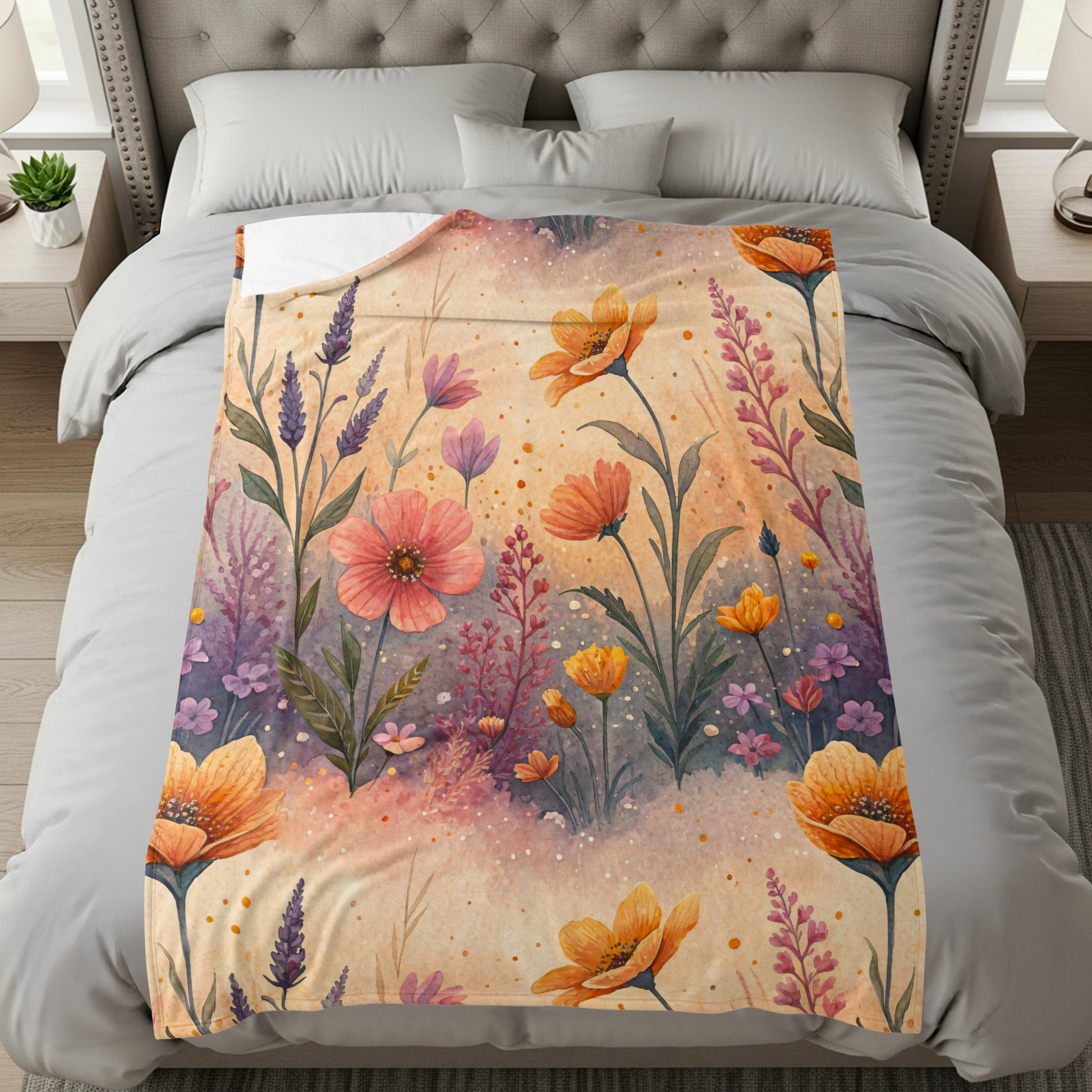 Floral Delight Watercolor Design Velveteen Plush Blankets - Walk Greener