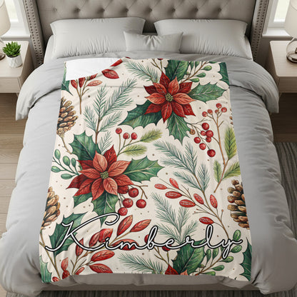 Personalized Christmas Blanket with Poinsettias Design