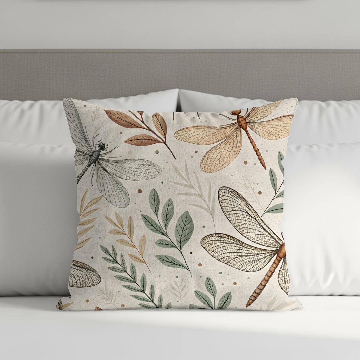 Dragonflies and leaves botanical throw pillow shown in a larger size option on an armchair