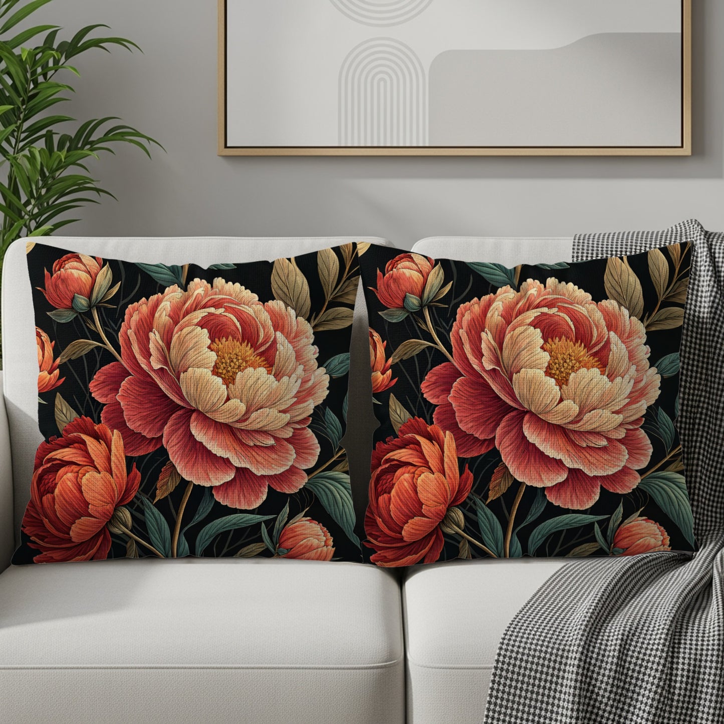 Lush Peonies on Dark Ground Decorative Floral Throw Pillows - Walk Greener