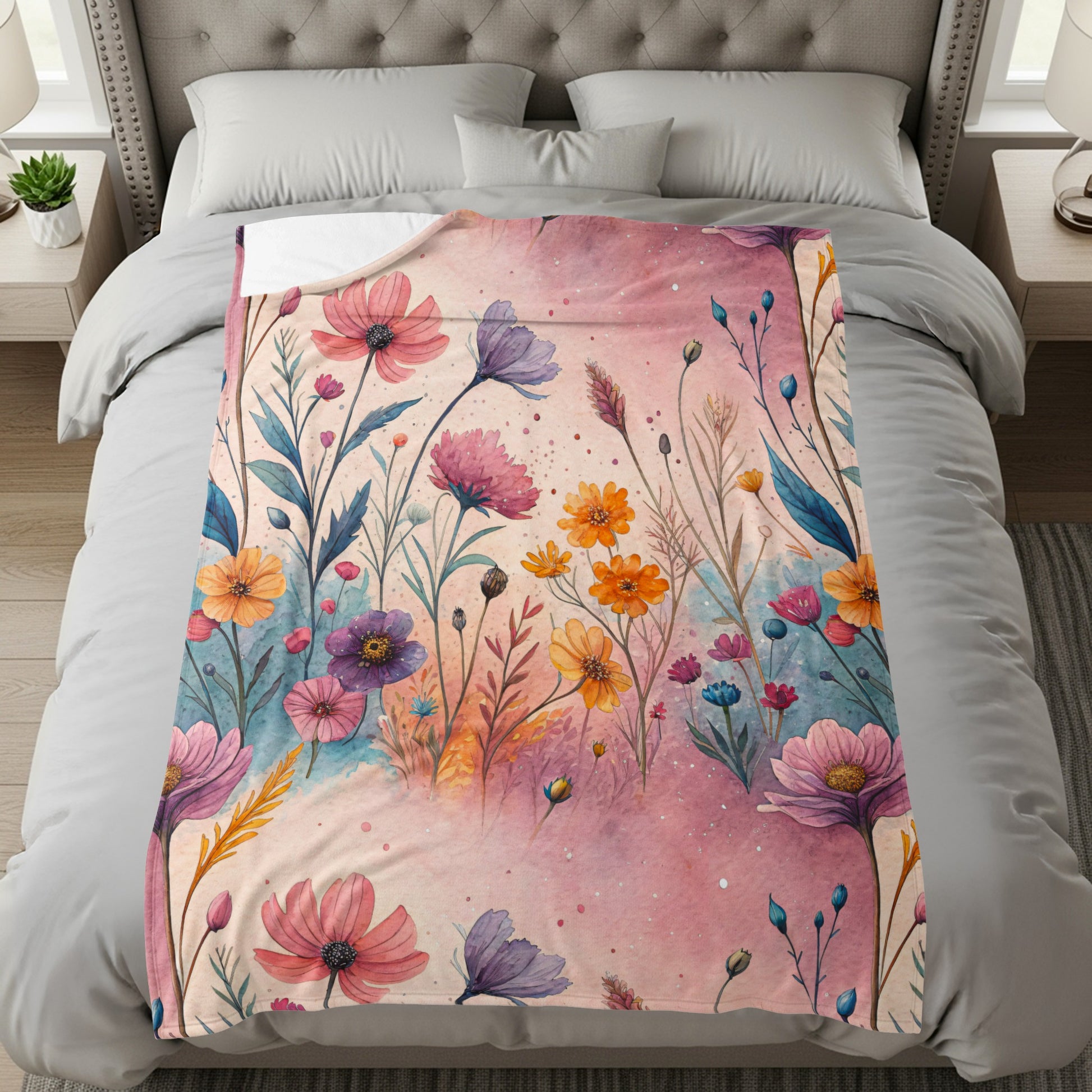 Watercolor Floral Garden On Pale Pink Design Velveteen Plush Blankets - Walk Greener