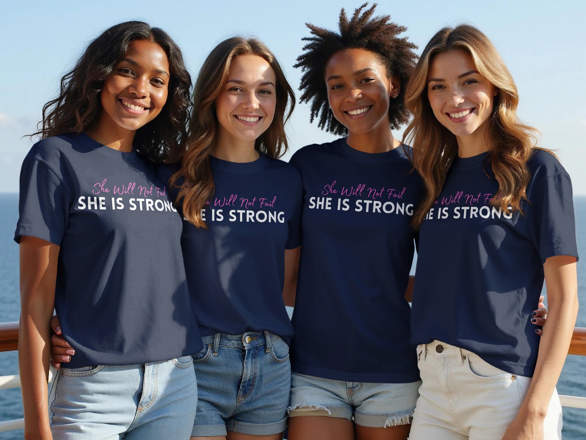 Four women wear navy t-shirts with the text "She Will Not Fail SHE IS STRONG".