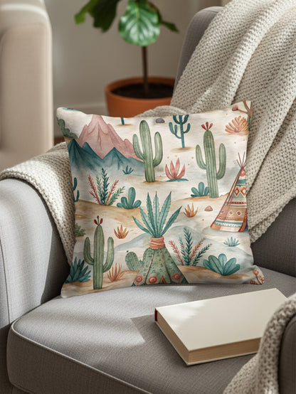 Desert Cactus and Mountain Design Pillow