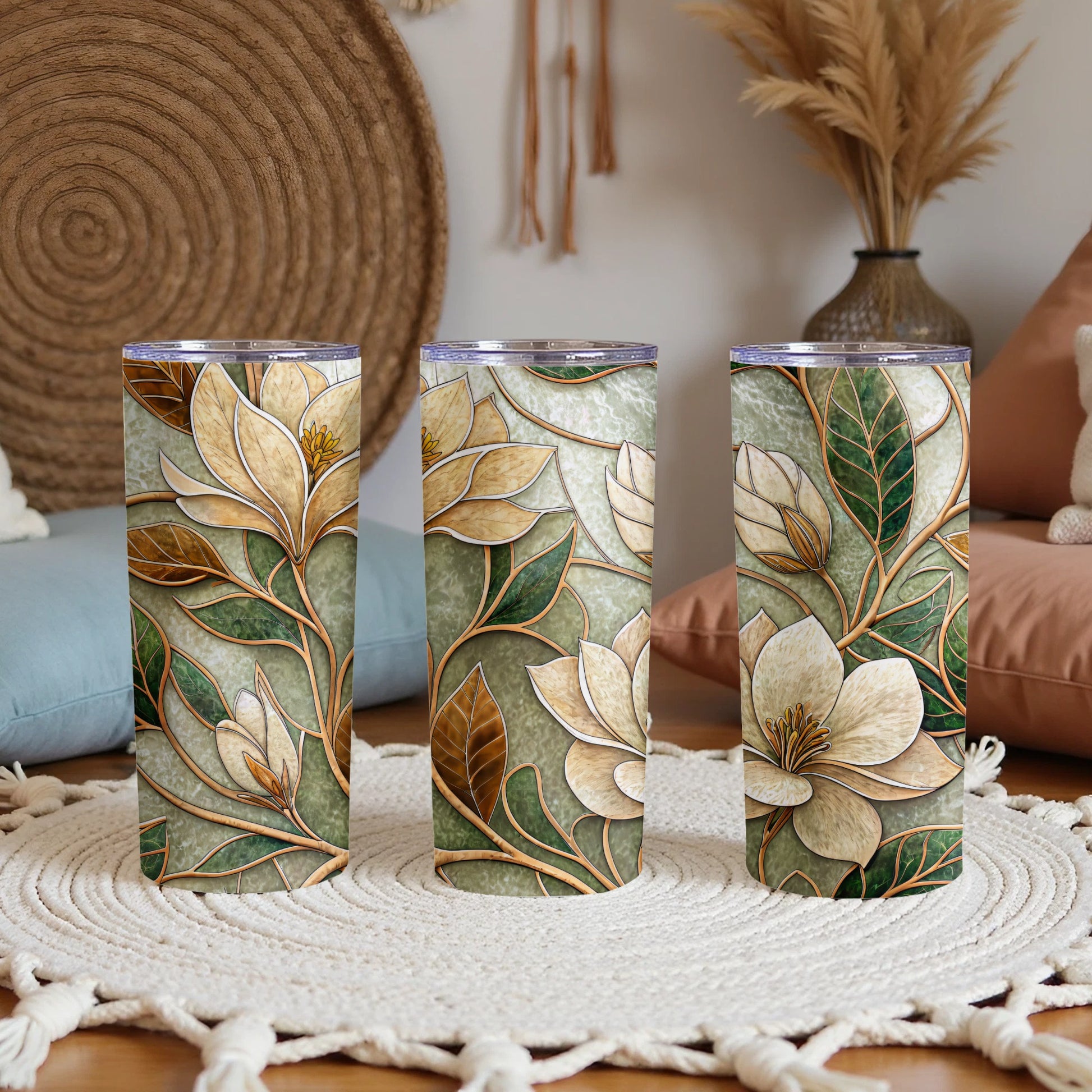Stained Glass Floral Pattern Elegant Design 20 oz Skinny Tumbler - Walk Greener