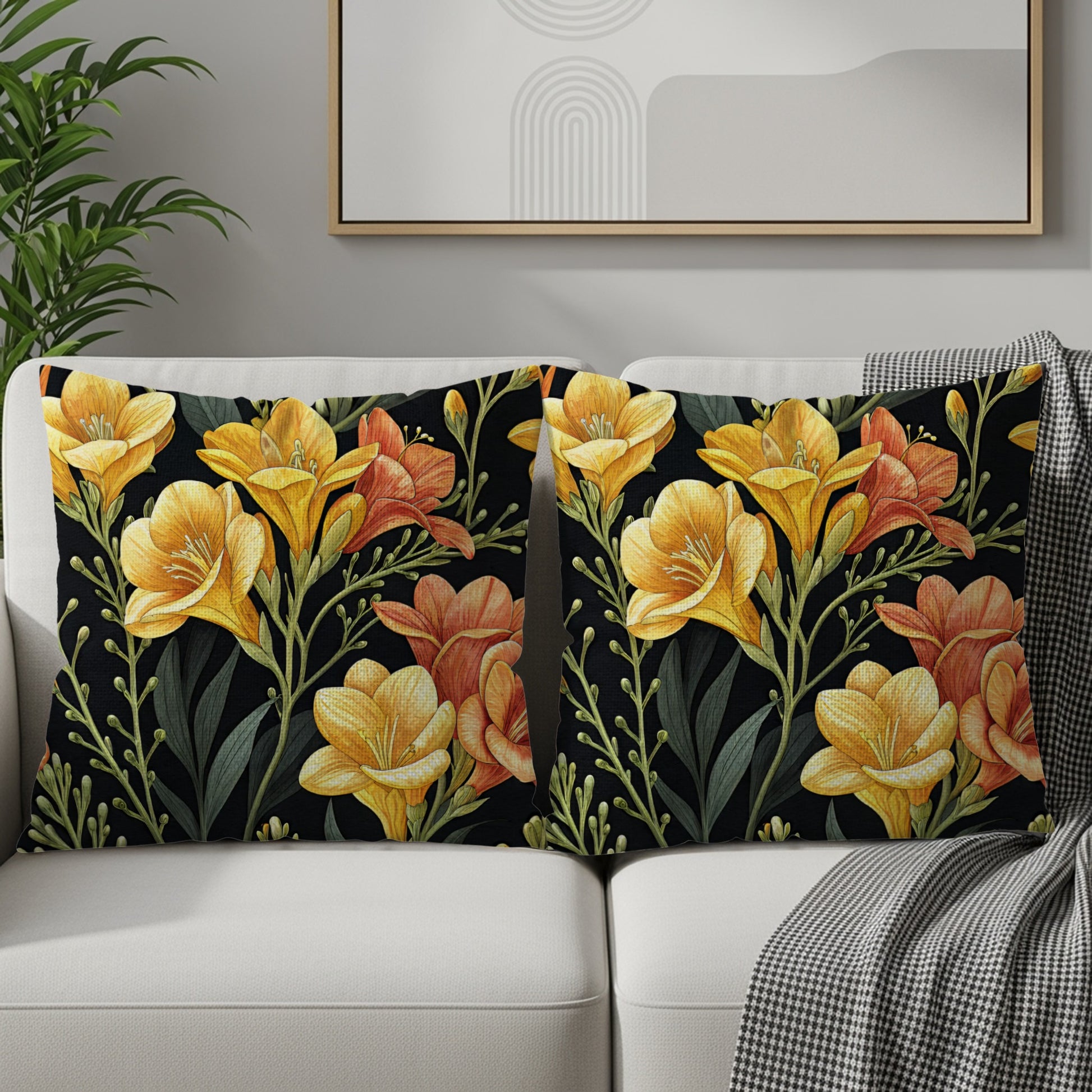Orange Yellow Freesia Flowers Pattern Artistic Decorative Floral Throw Pillows - Walk Greener