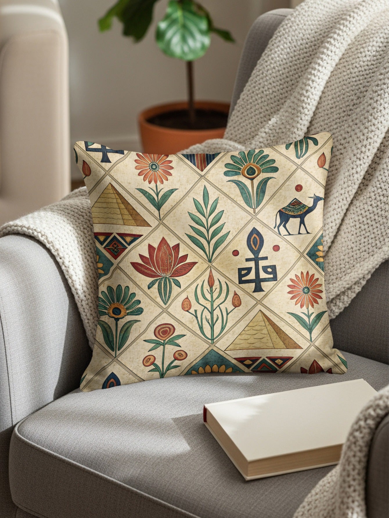 Ancient Egyptian Symbols and Floral Pattern Pillow