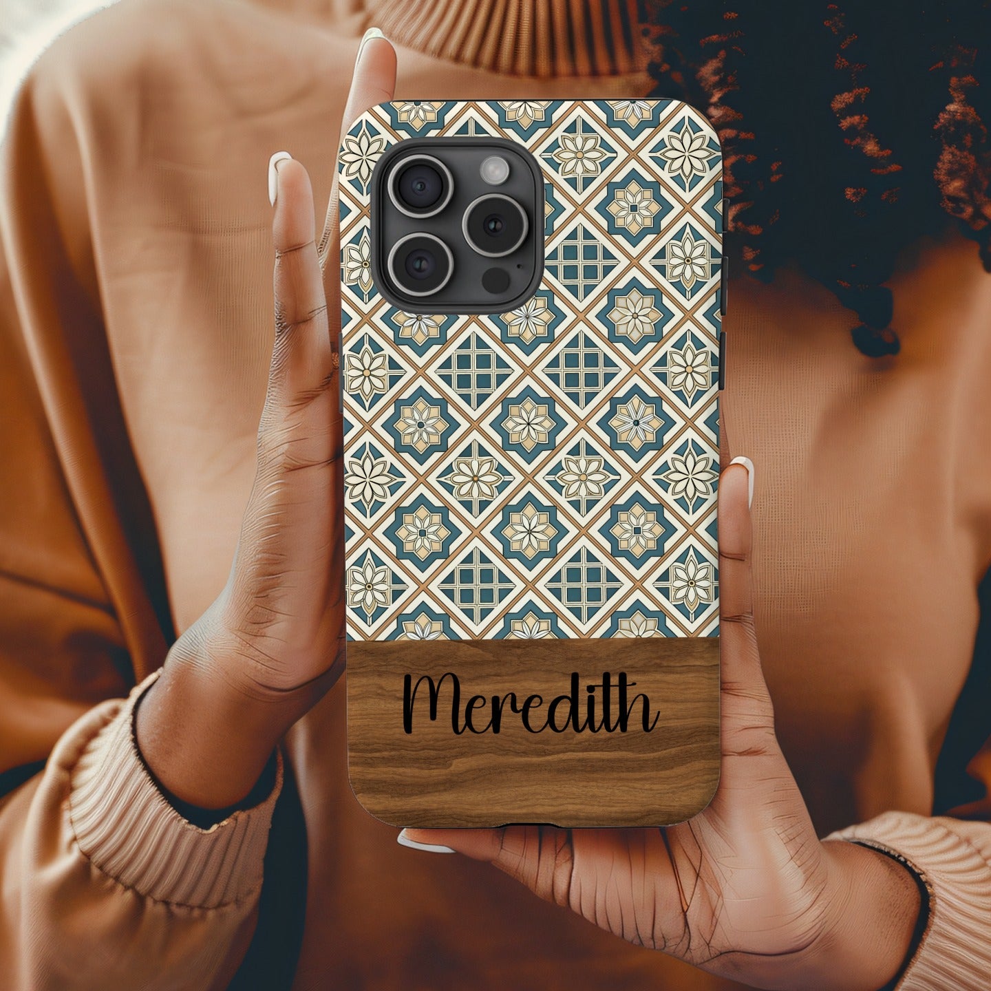 Beige Flowers Blue Diamonds Geometric Patterns Custom Phone Case - Walk Greener