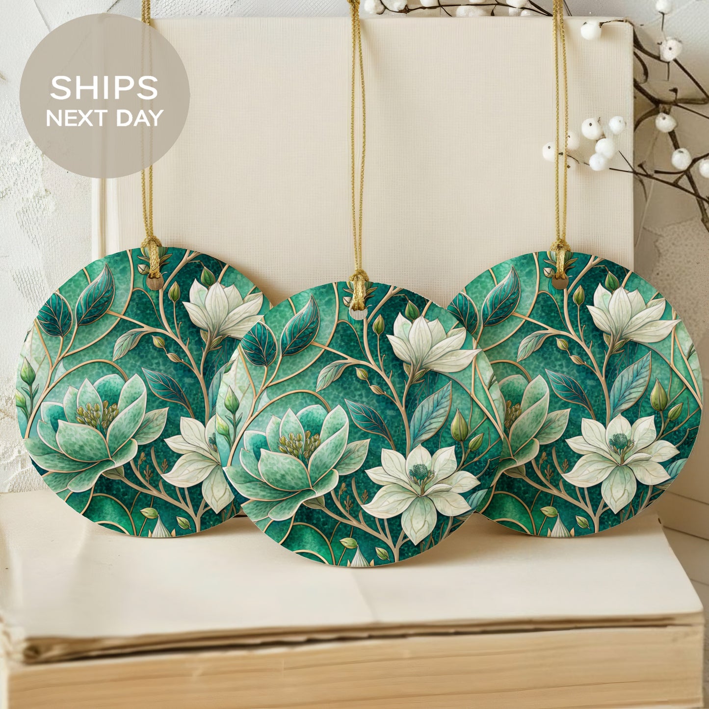 Elegant Floral Green Hanging Ornament Set For Decor