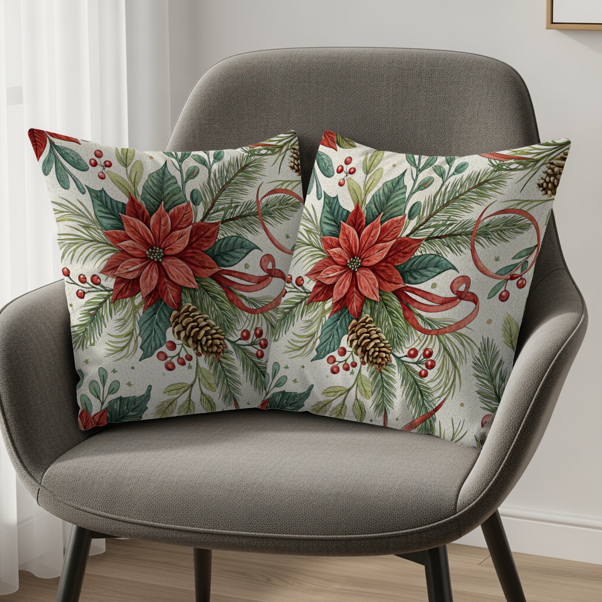 Festive Poinsettia and Pinecone Print Decorative Pillows