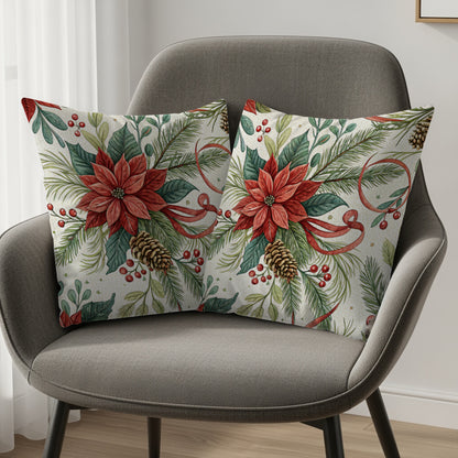Festive Poinsettia and Pinecone Print Decorative Pillows
