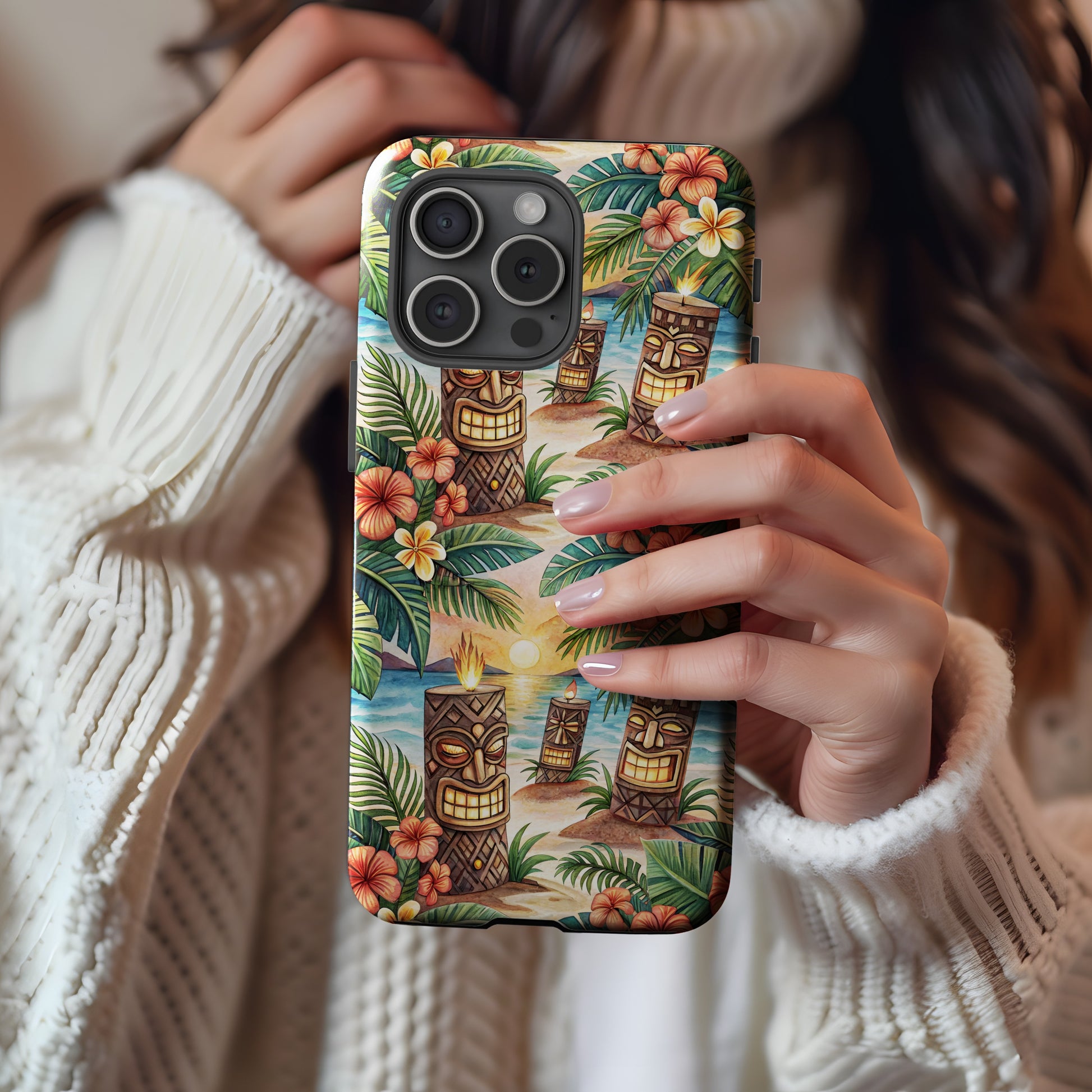 Tiki Statues On Tropical Beach Scene Custom Phone Case - Walk Greener