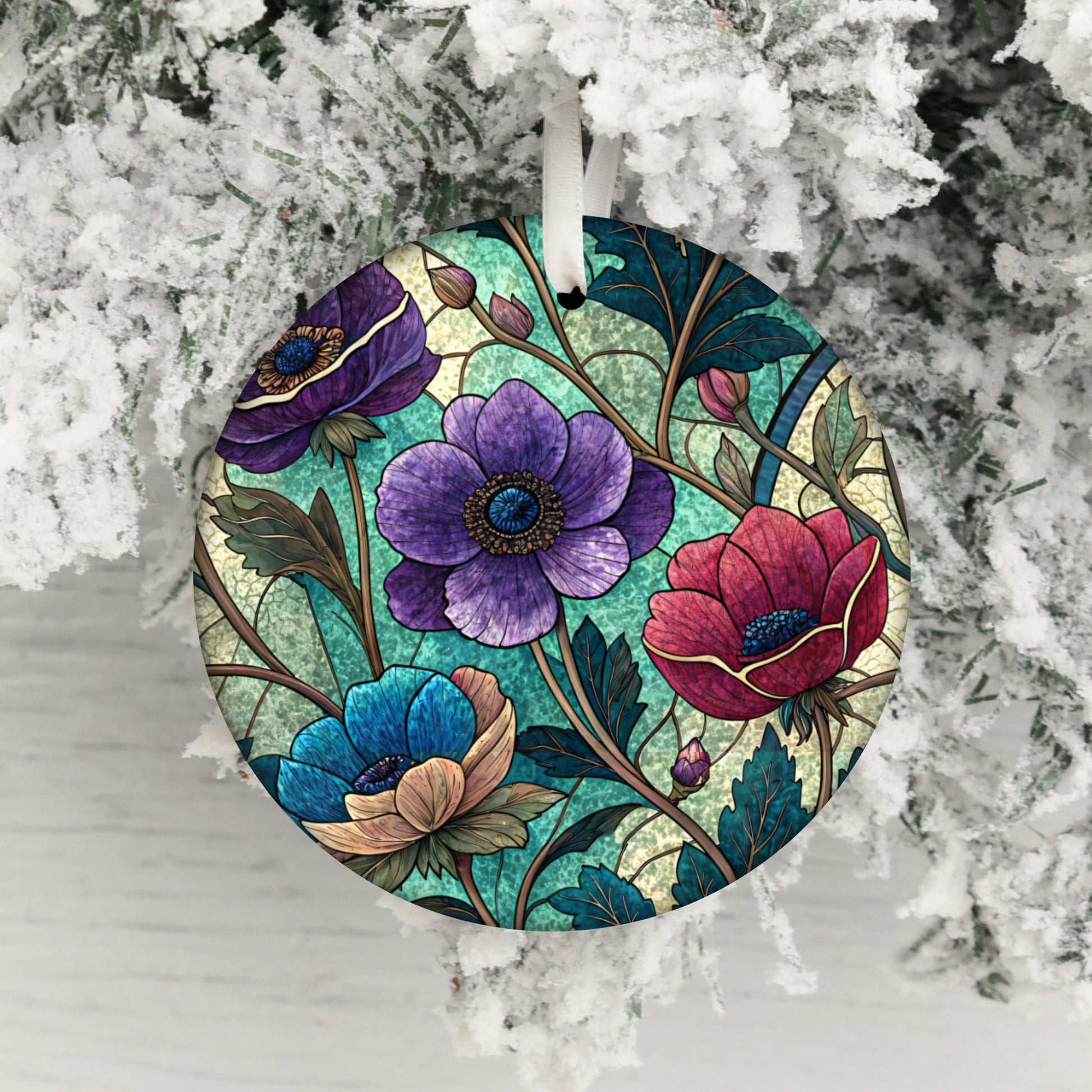 Stained Glass Floral Art Round Ornament Christmas Decor