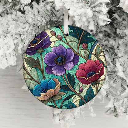 Stained Glass Floral Art Round Ornament Christmas Decor