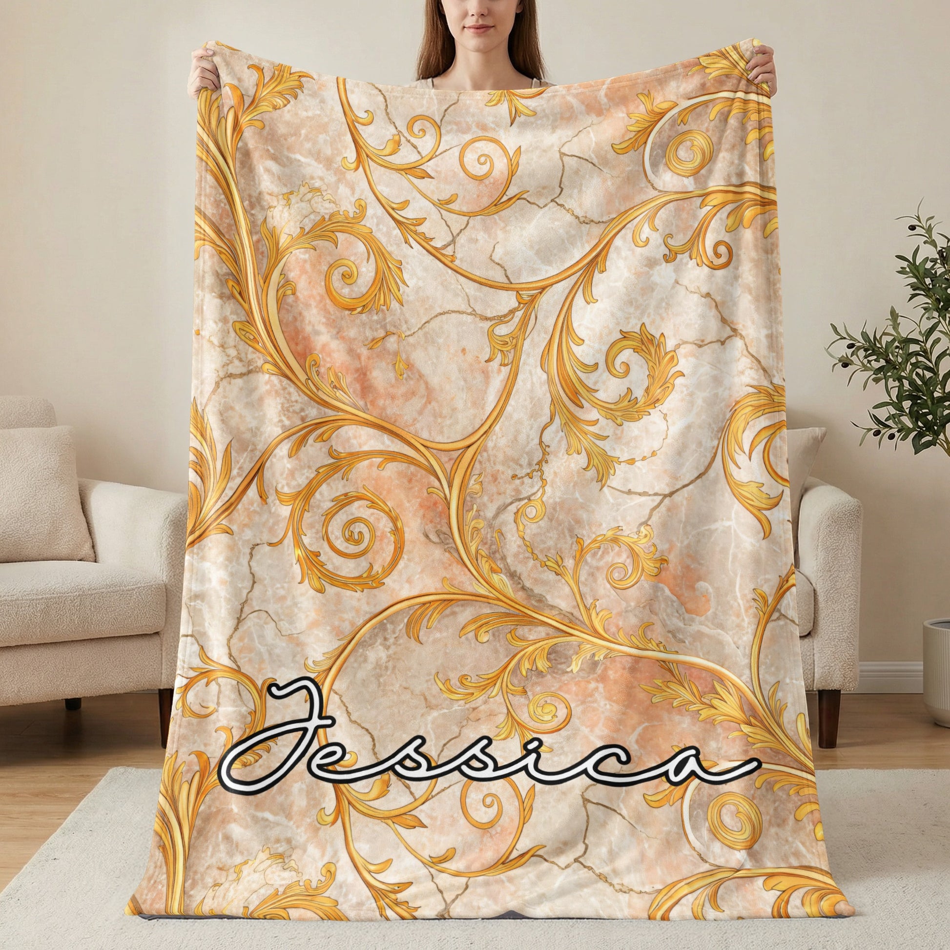 Gold Floral Swirls on Marble Custom Name Blanket - Walk Greener