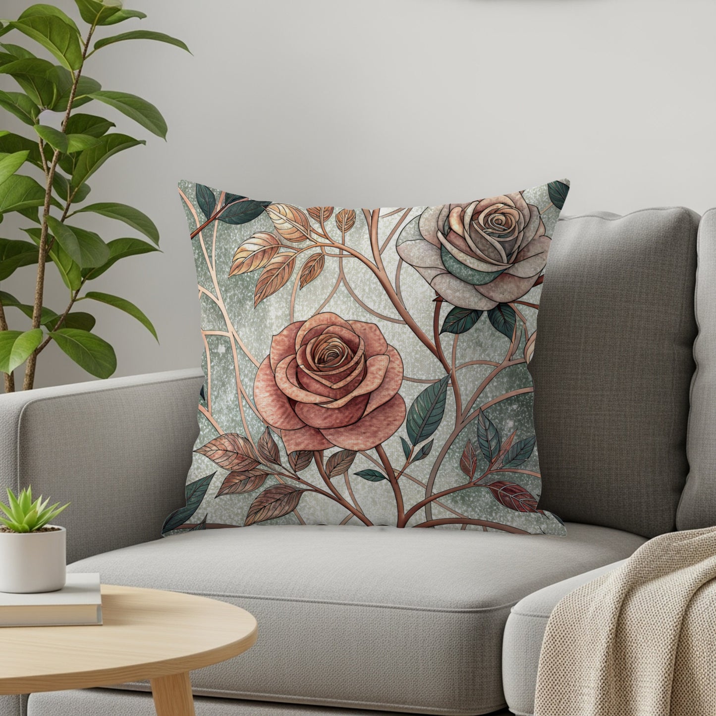 Pink And White Roses With Leaves And Branches Pattern Throw Pillows - Walk Greener