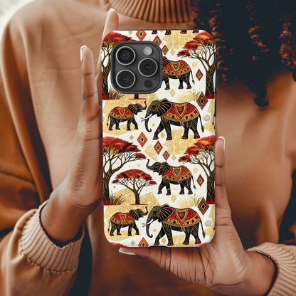 African Elephants Savannah Trees and Diamond Shapes Custom Phone Case - Walk Greener