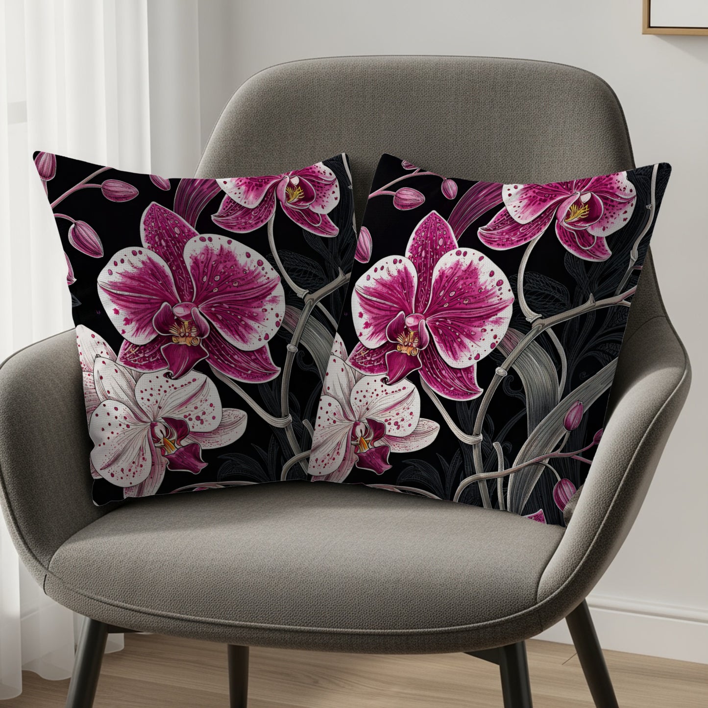 Exotic Orchids on Black Elegant Decorative Floral Throw Pillows - Walk Greener