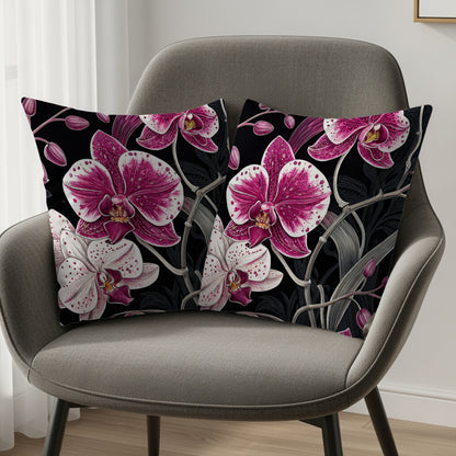 Exotic Orchids on Black Elegant Decorative Floral Throw Pillows - Walk Greener