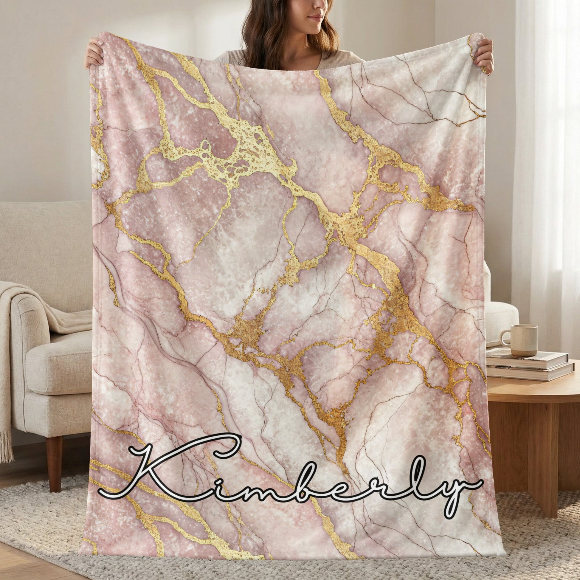 Pink Marble Personalized Style Custom Name Blanket - Walk Greener