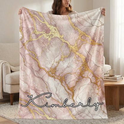 Pink Marble Personalized Style Custom Name Blanket - Walk Greener