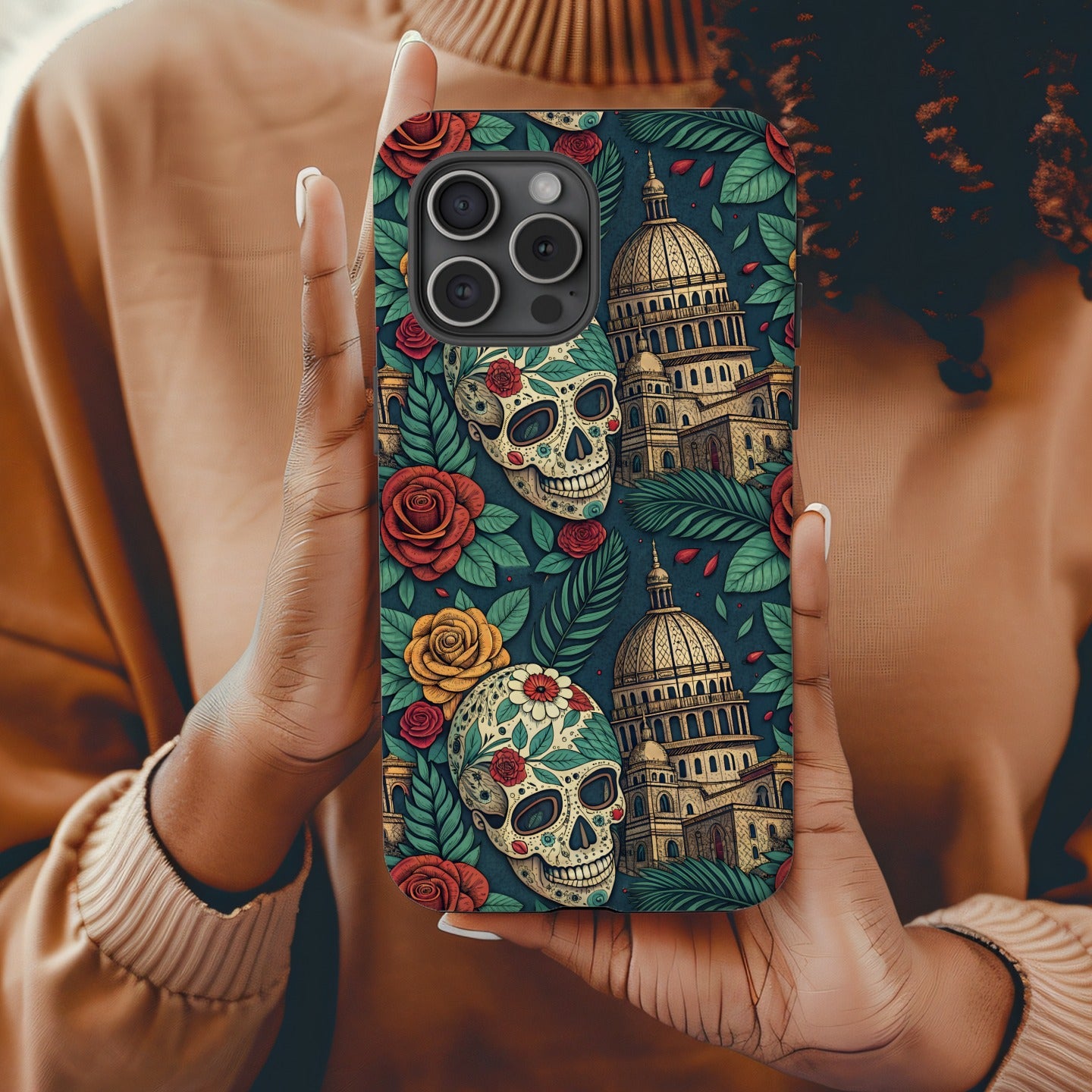 Colorful Sugar Skull and Cathedral Design Phone Case