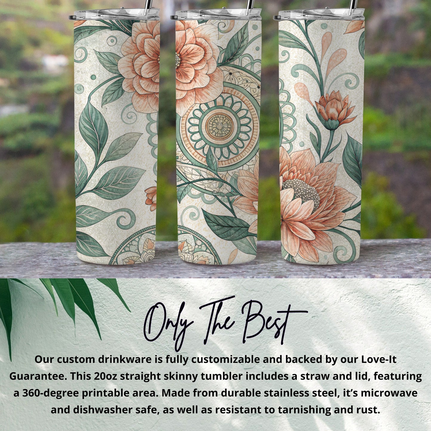 Floral Mandala Watercolor Design 20 oz Skinny Tumbler - Walk Greener