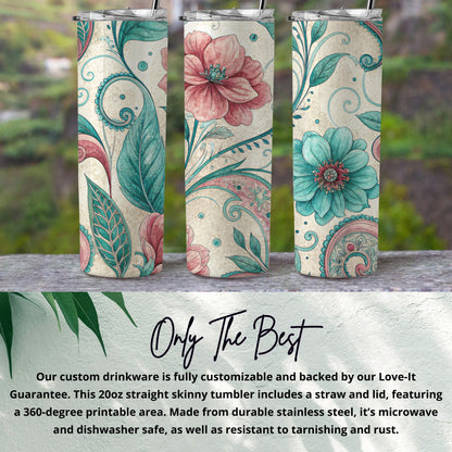 Floral Dreamscape Turquoise Crimson 20 oz Skinny Tumbler - Walk Greener