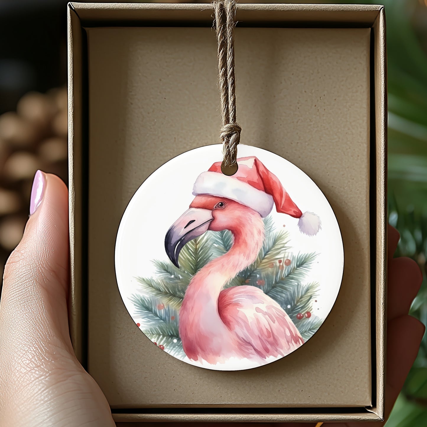 Flamingo with Santa Hat Holiday Ornament product