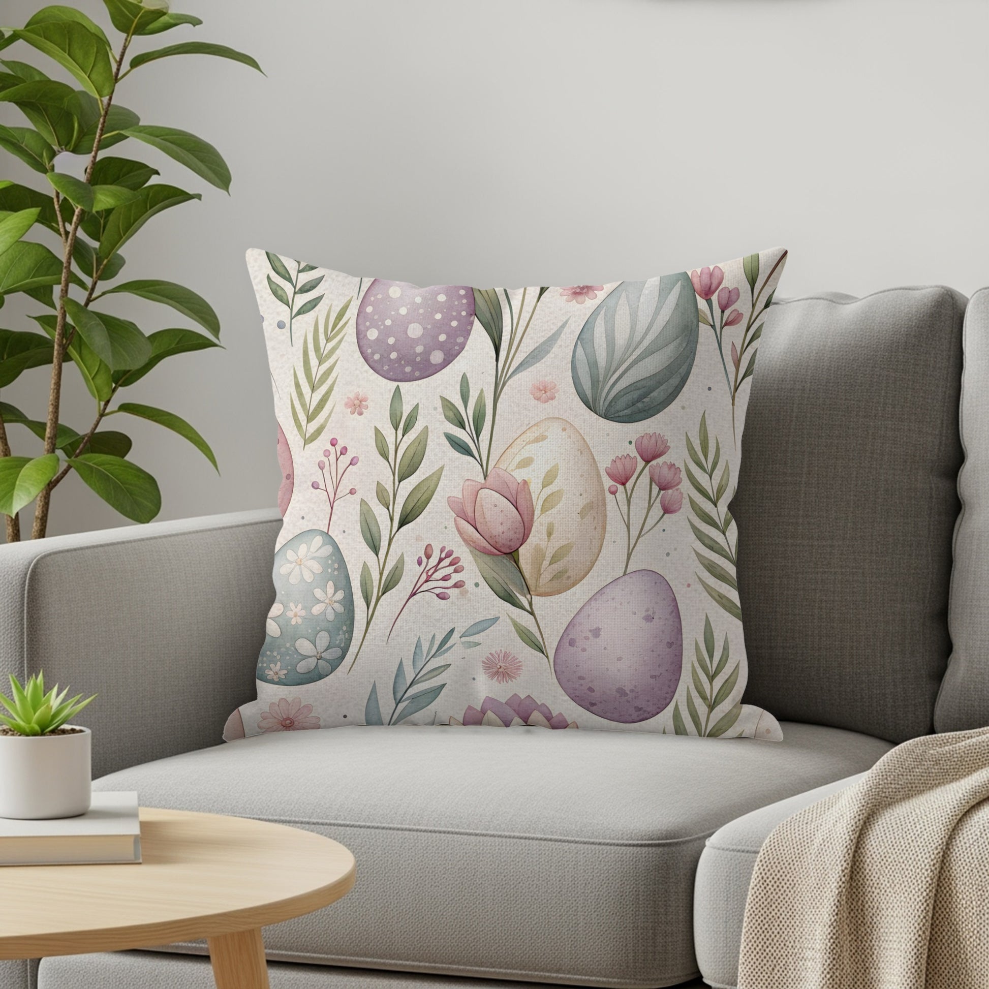 Pastel Floral and Egg Pattern Throw Pillow for Spring Decor