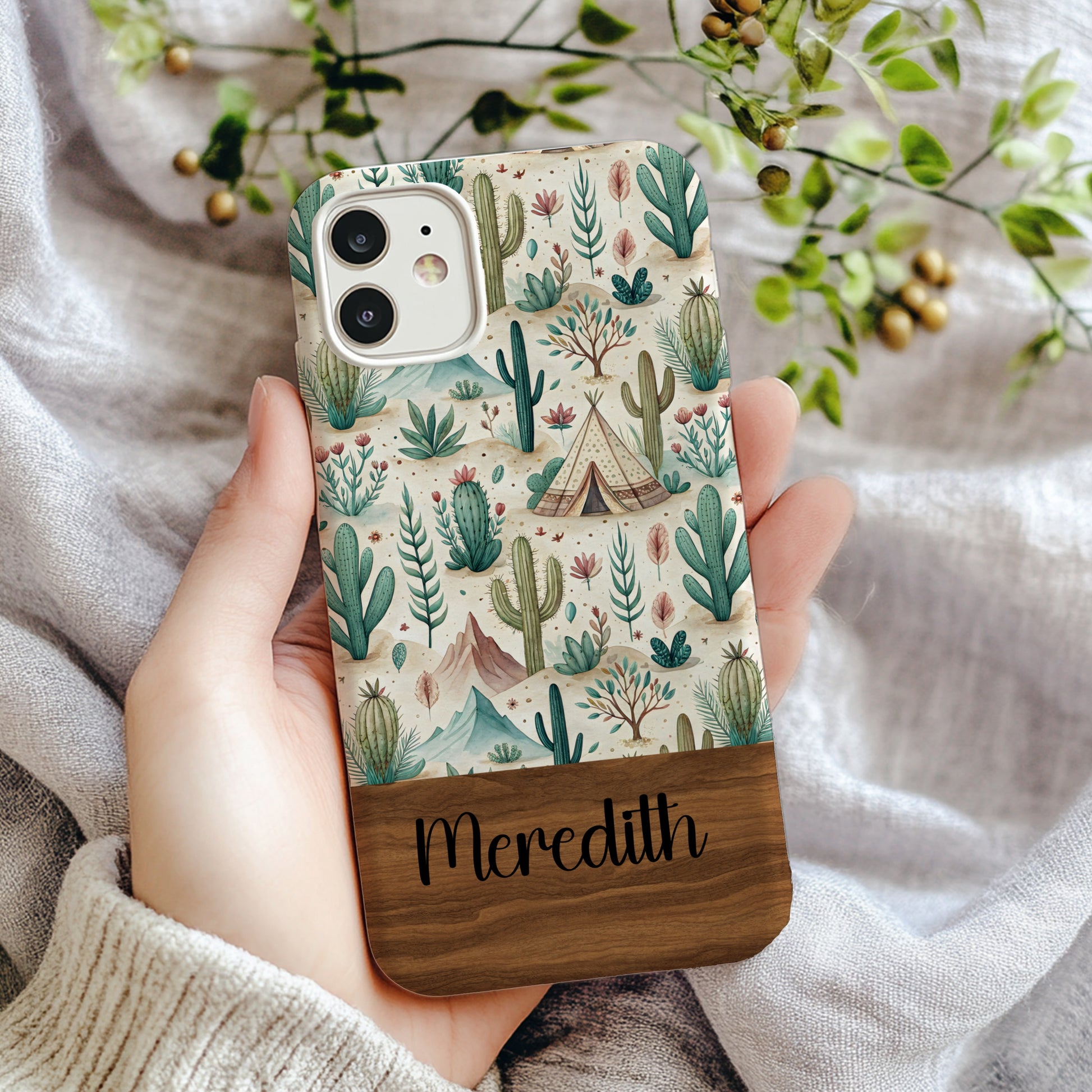 Desert Scene With Cacti Mountains and Tent Custom Phone Case - Walk Greener