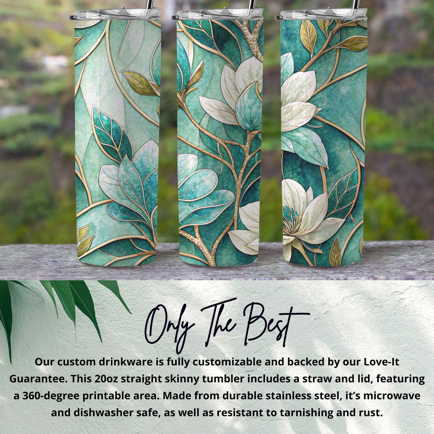 Teal Stained Glass Floral Art Design on 20 oz Skinny Tumbler - Walk Greener