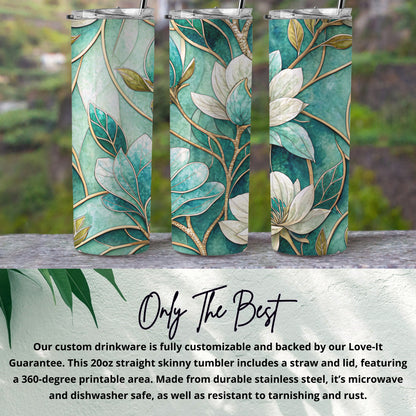 Teal Stained Glass Floral Art Design on 20 oz Skinny Tumbler - Walk Greener