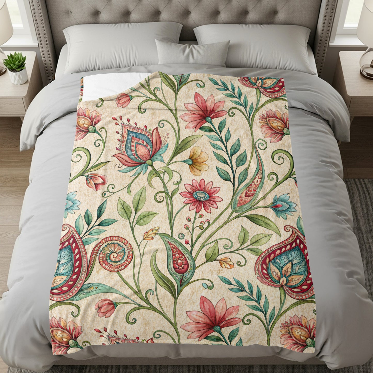 Ornate Floral Design Detailed Watercolor Velveteen Plush Blankets - Walk Greener
