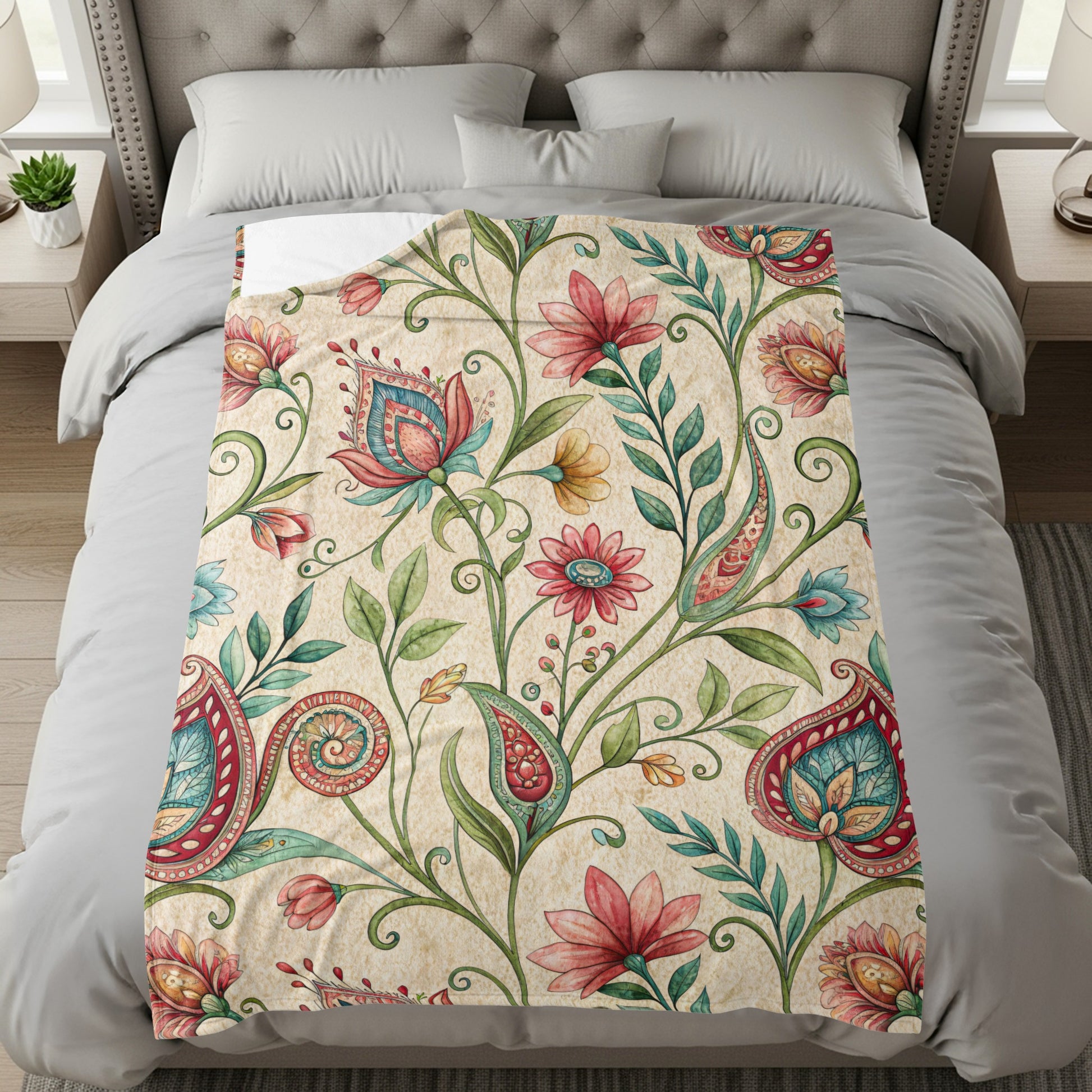 Ornate Floral Design Detailed Watercolor Velveteen Plush Blankets - Walk Greener