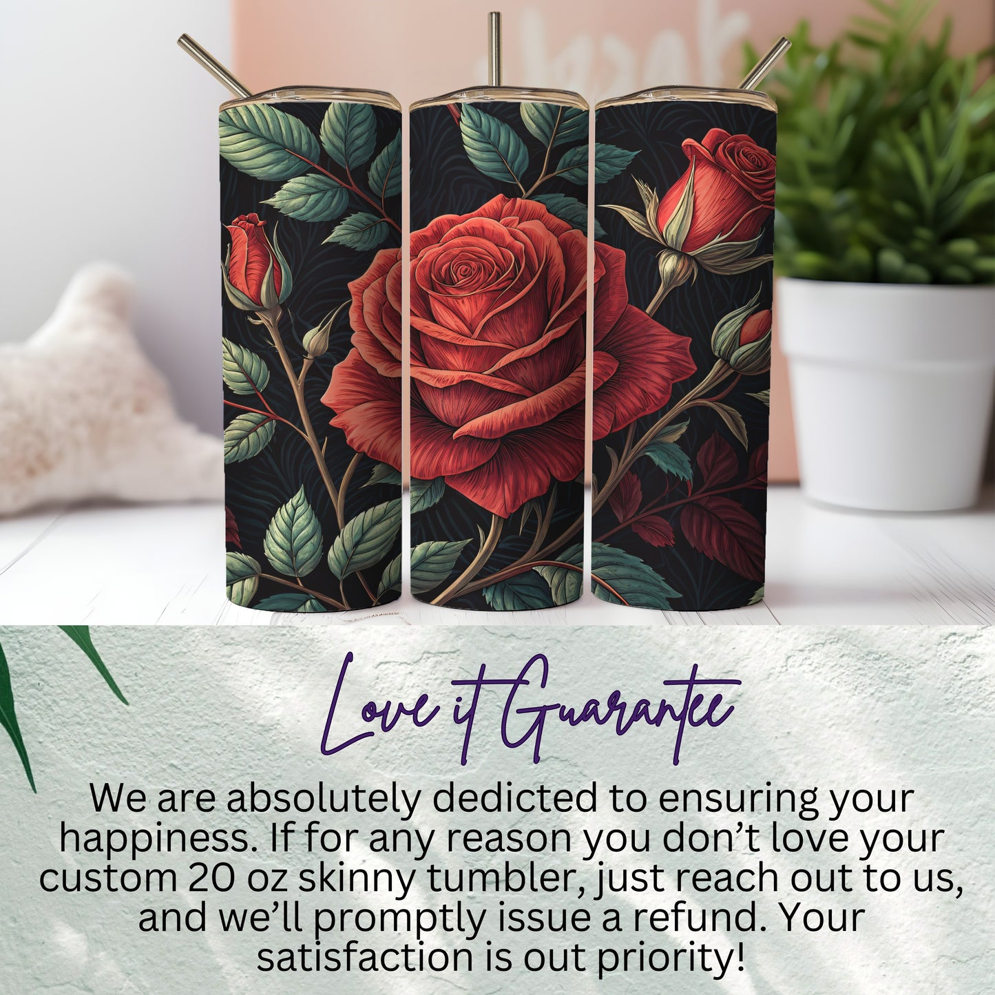 Custom 20 oz Skinny Tumbler with Red Rose Design