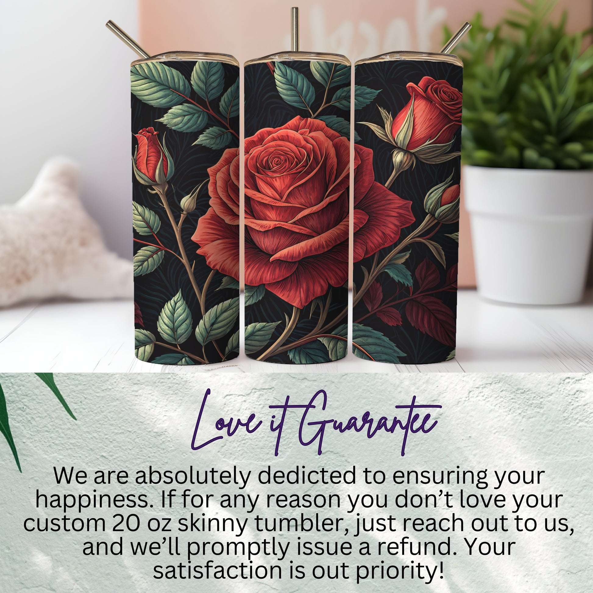 Custom 20 oz Skinny Tumbler with Red Rose Design