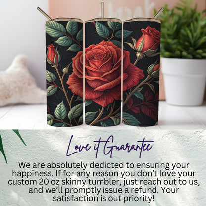 Custom 20 oz Skinny Tumbler with Red Rose Design