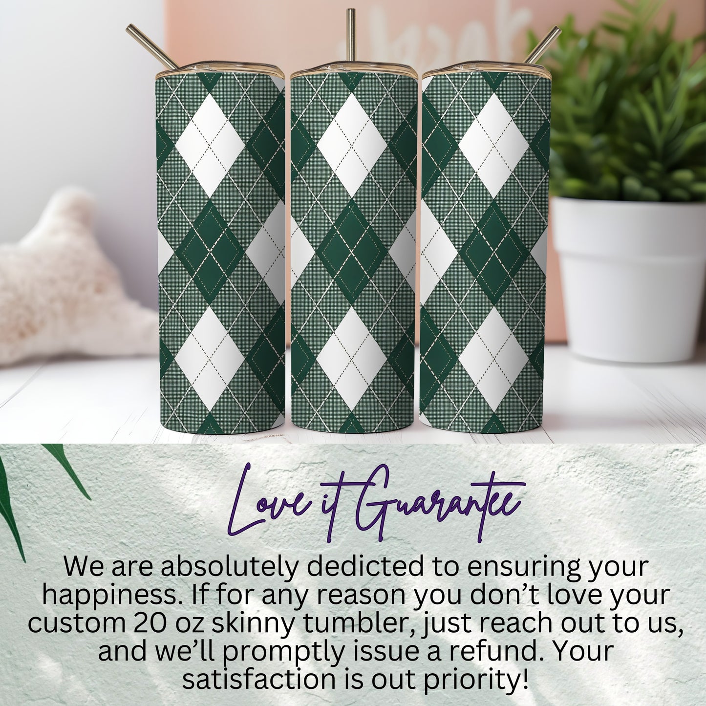 Green Argyle Custom 20 oz Skinny Tumbler with Straw