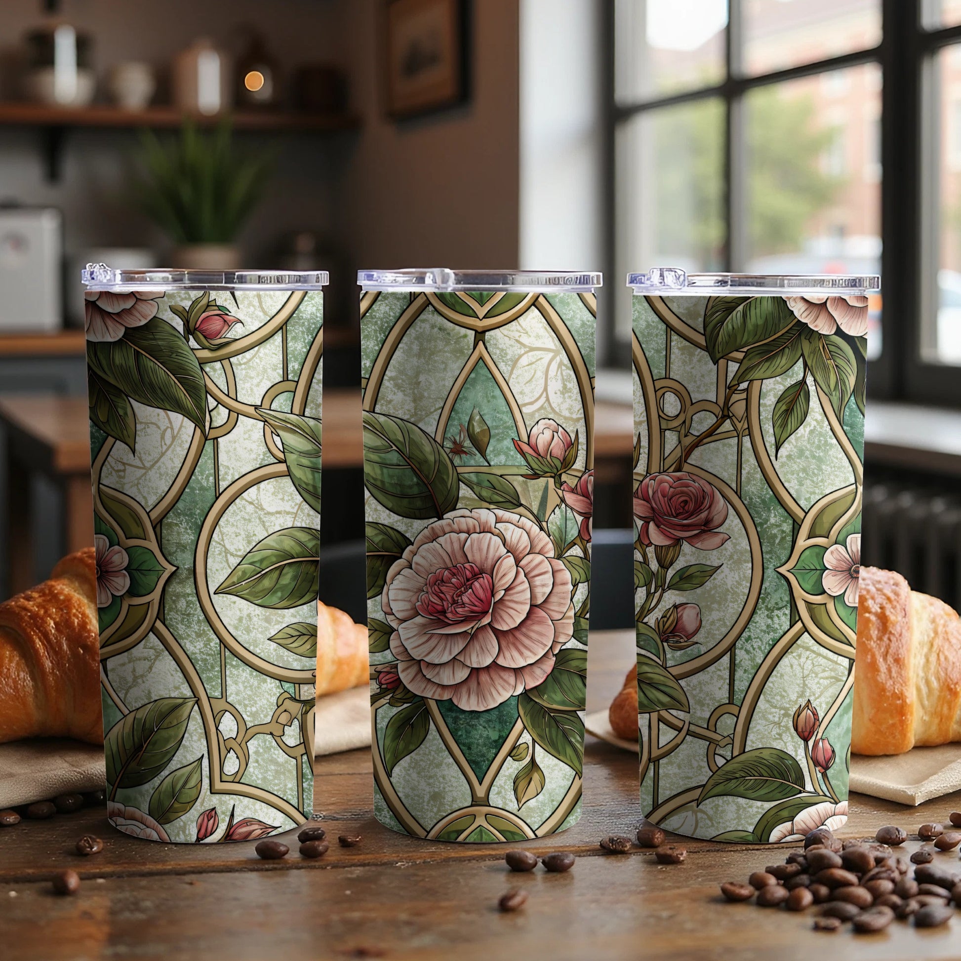 Ornate Floral Pattern In Stained Glass Style 20 oz Skinny Tumbler - Walk Greener
