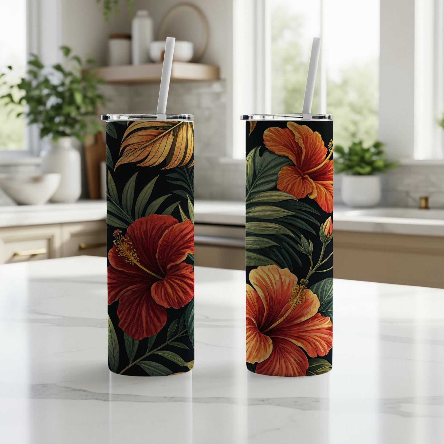 Hawaiian Hibiscus Floral Tall Tumbler with Straw